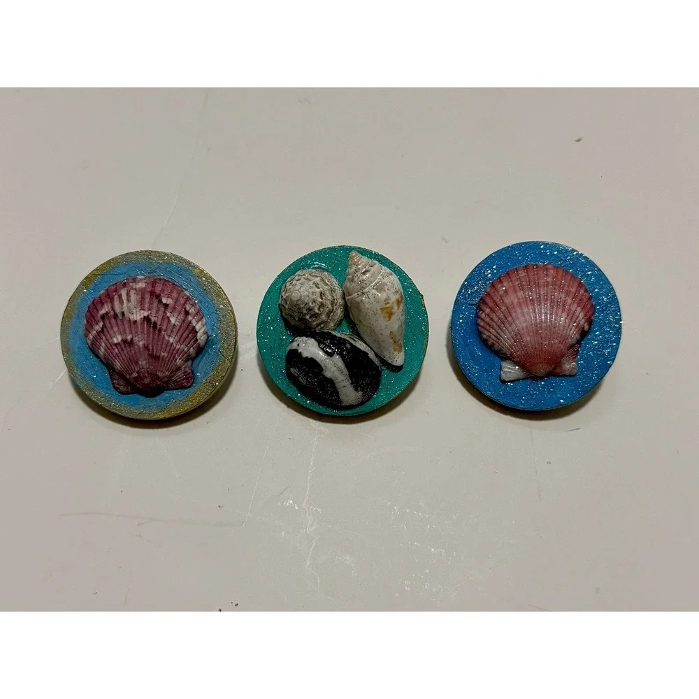 Set Of 3 Handmade Seashell Wooden Pins‎ Brooches Glitter Sparkle Beach Gifts